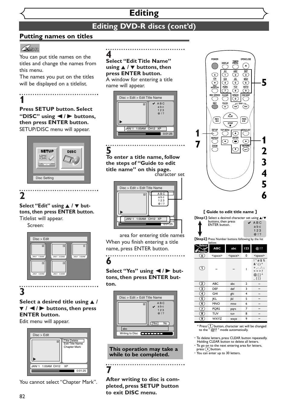 Editing, Editing dvd-r discs (cont’d), Putting names on titles | Emerson EWR10D4 User Manual | Page 82 / 100