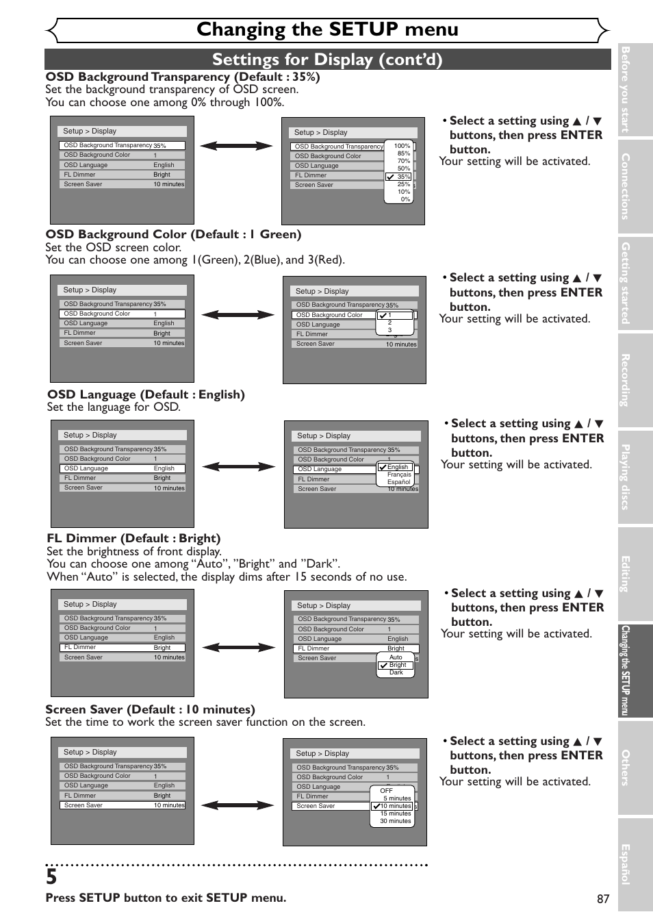 Changing the setup menu, Settings for display (cont’d), Press setup button to exit setup menu | Emerson EWR10D4 User Manual | Page 87 / 100