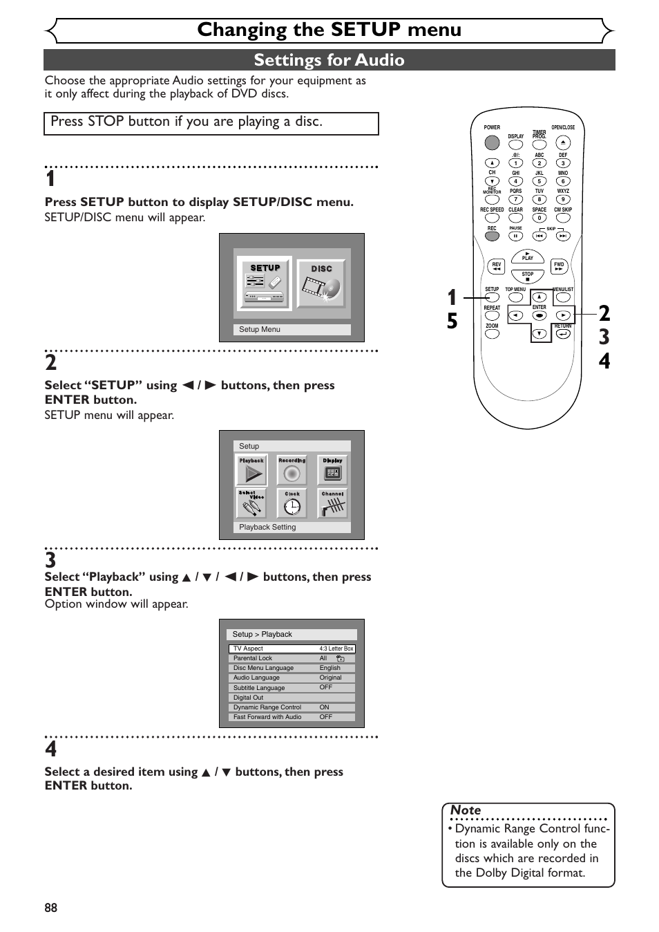 Changing the setup menu, Settings for audio, Press stop button if you are playing a disc | Emerson EWR10D4 User Manual | Page 88 / 100