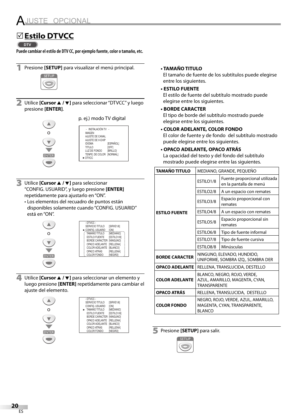 Juste opcional, Estilo dtvcc | Emerson LC195EM82 User Manual | Page 48 / 56