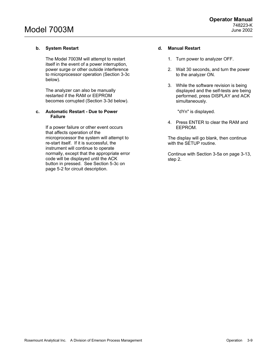 B. system restart, C. automatic restart due to power failure, D. manual restart | Model 7003m | Emerson 7003M User Manual | Page 35 / 74