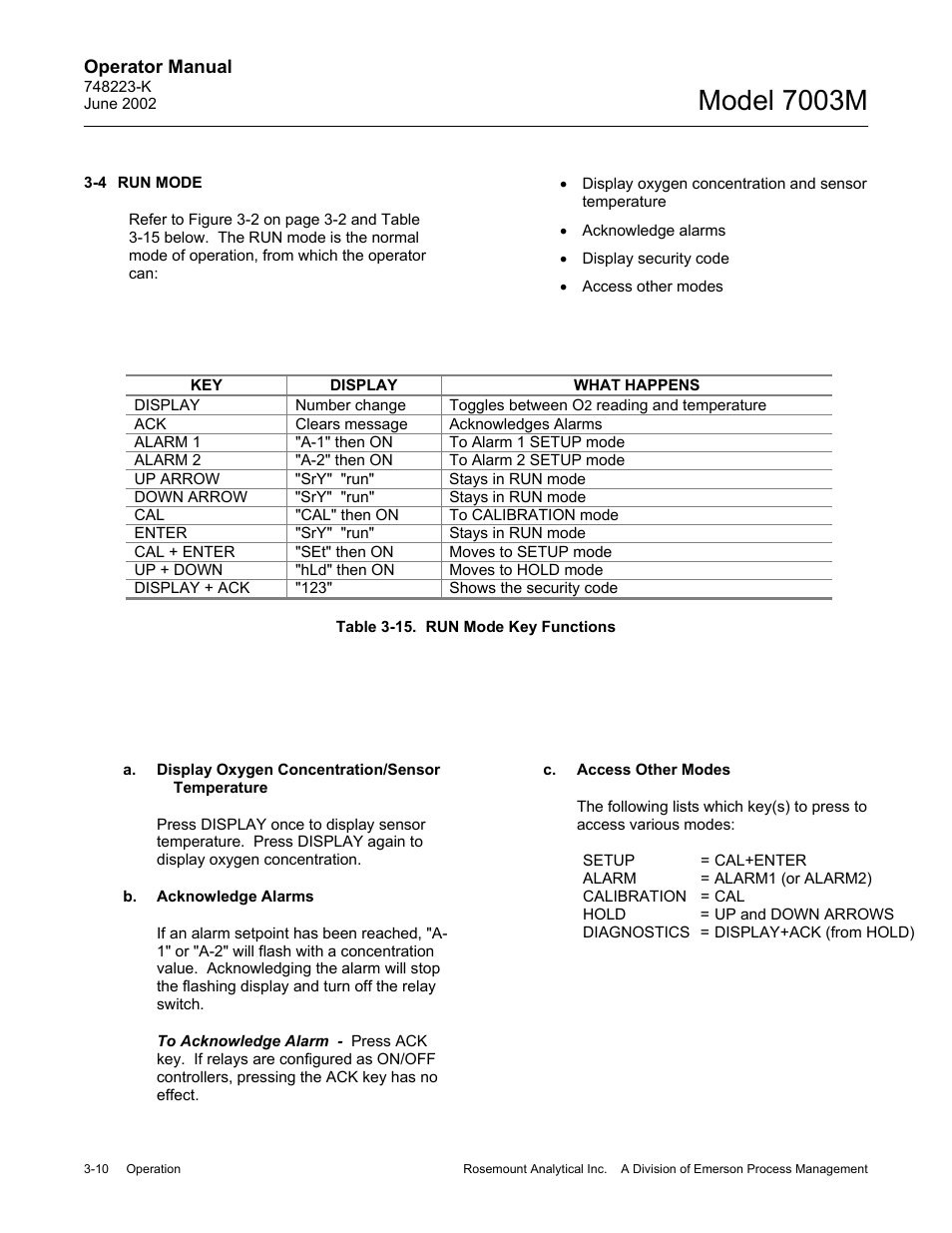 4 run mode, A. display oxygen concentration/sensor temperature, B. acknowledge alarms | C. access other modes, Model 7003m | Emerson 7003M User Manual | Page 36 / 74