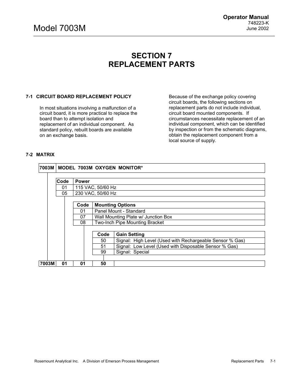 0 replacement parts, 1 circuit board replacement policy, 2 matrix | Model 7003m | Emerson 7003M User Manual | Page 61 / 74