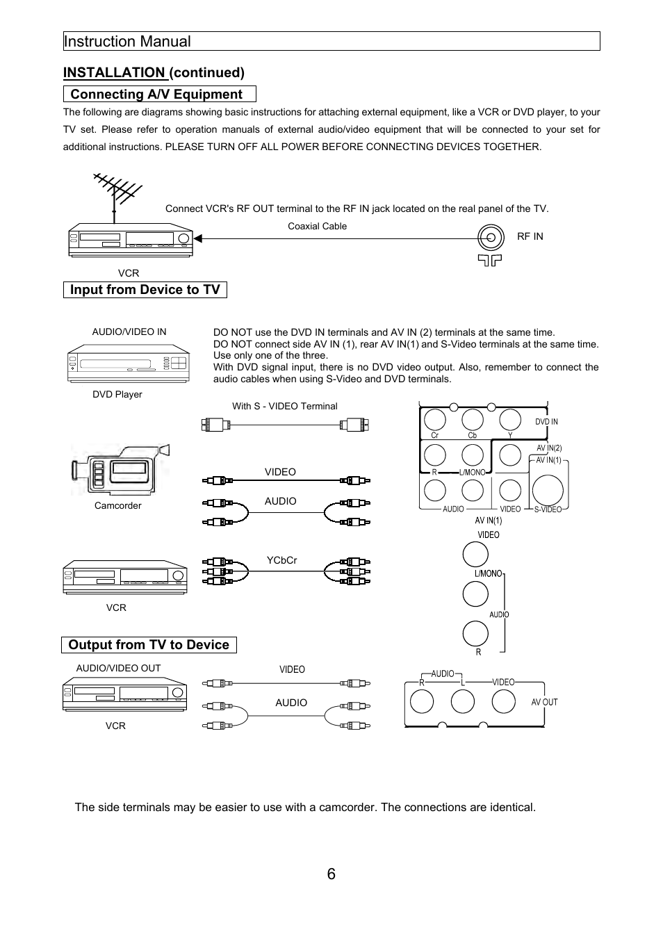 Instruction manual 6, Installation (continued), Connecting a/v equipment | Input from device to tv, Output from tv to device | Emerson EMTV21785 User Manual | Page 25 / 32
