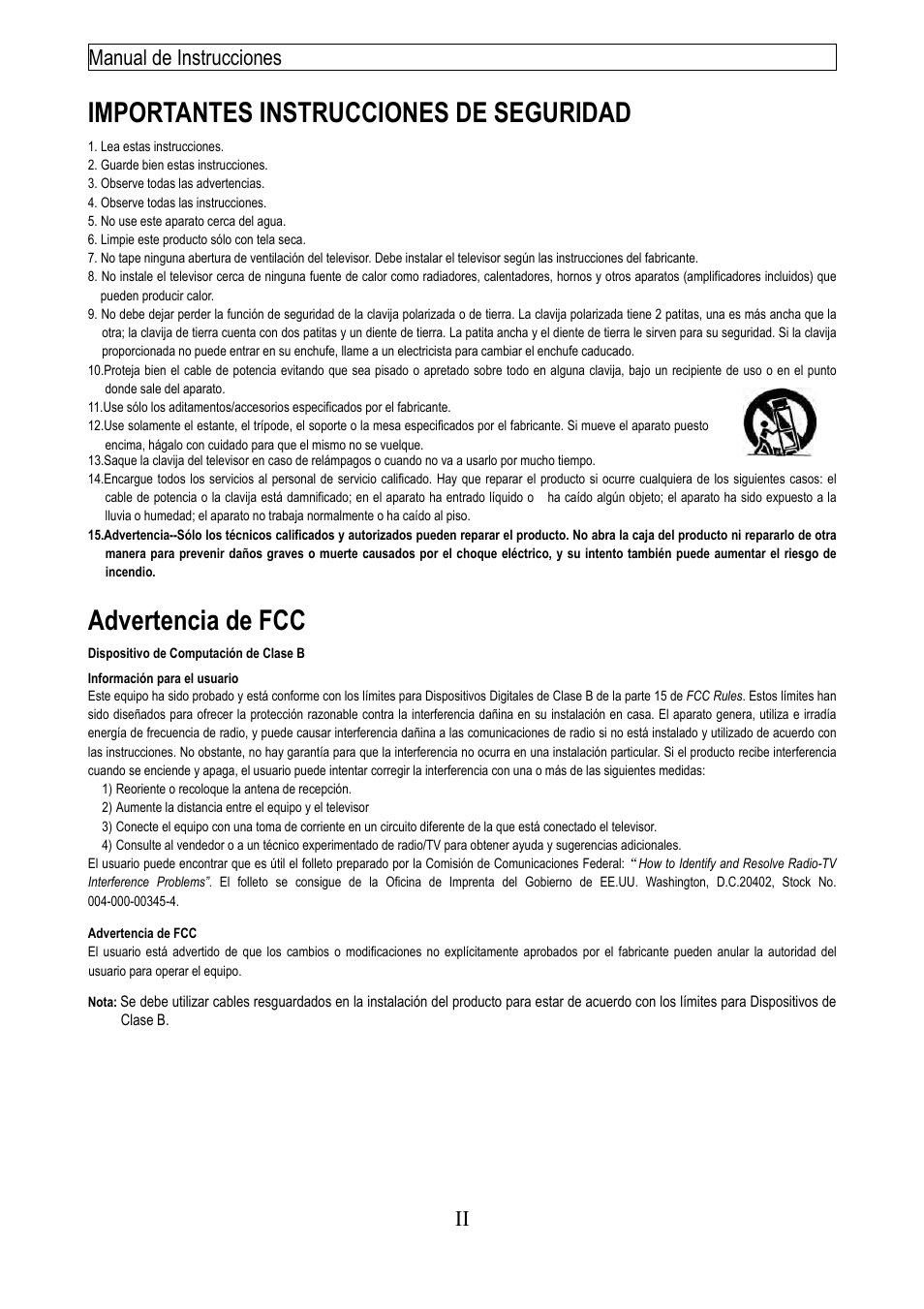 Importantes instrucciones de seguridad, Advertencia de fcc, Manual de instrucciones ii | Emerson EMTV21785 User Manual | Page 3 / 32