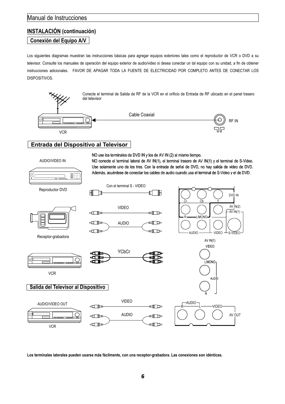 Manual de instrucciones 6, Instalación (continuación), Conexión del equipo a/v | Emerson EMTV21785 User Manual | Page 9 / 32