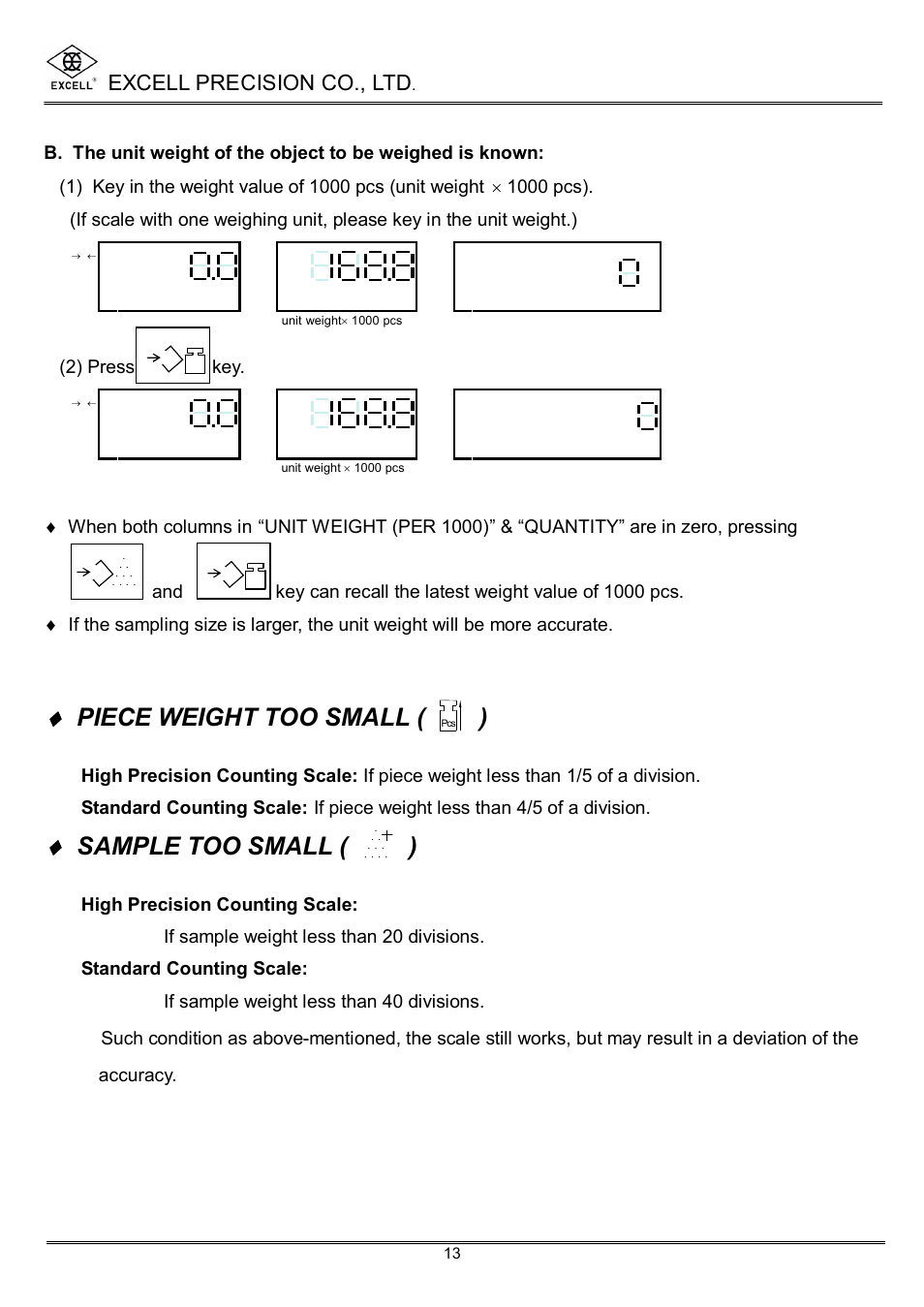 Piece weight too small ( ), Sample too small ( ), Excell precision co., ltd | 2) press key, High precision counting scale | Excell Precision High Precesion Counting Scale User Manual | Page 15 / 31