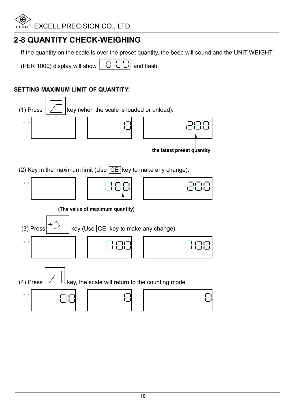 8 quantity check-weighing, Excell precision co., ltd, 3) press key (use ce key to make any change) | Excell Precision High Precesion Counting Scale User Manual | Page 20 / 31