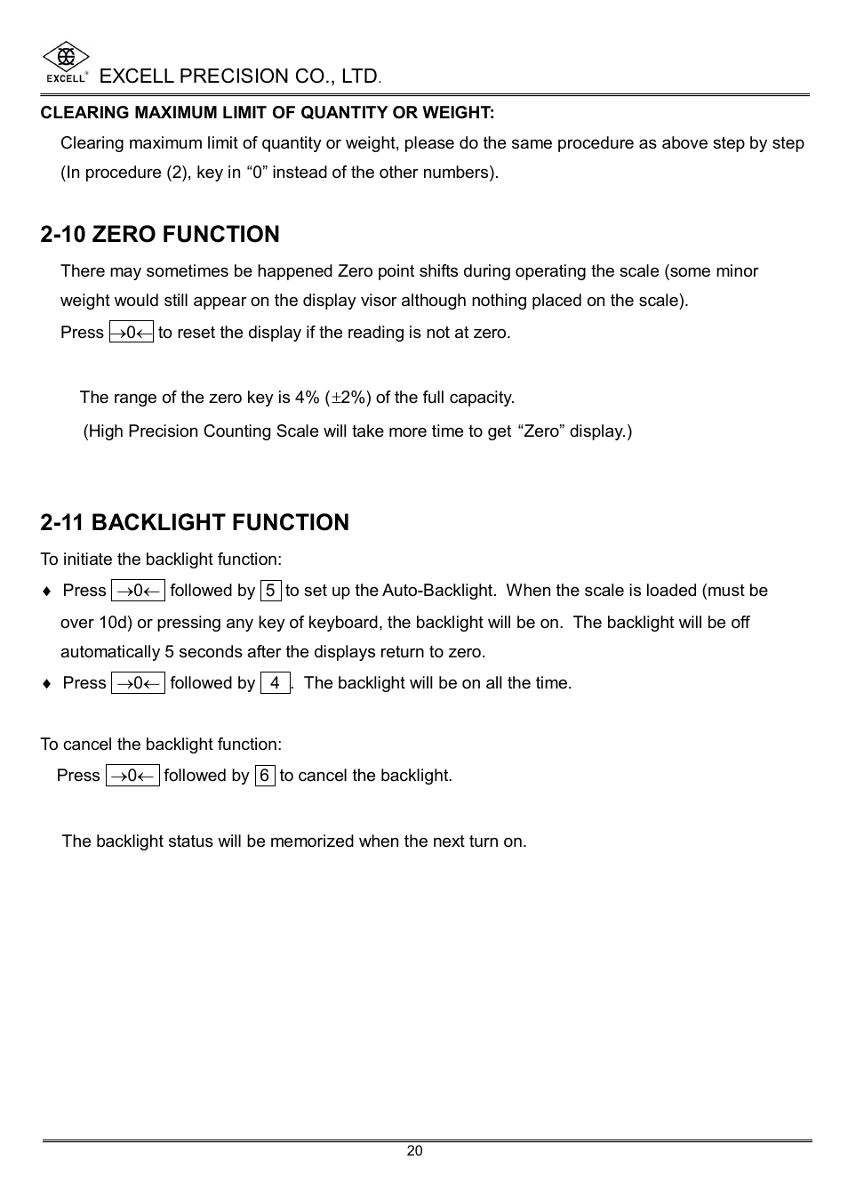 10 zero function, 11 backlight function | Excell Precision High Precesion Counting Scale User Manual | Page 22 / 31