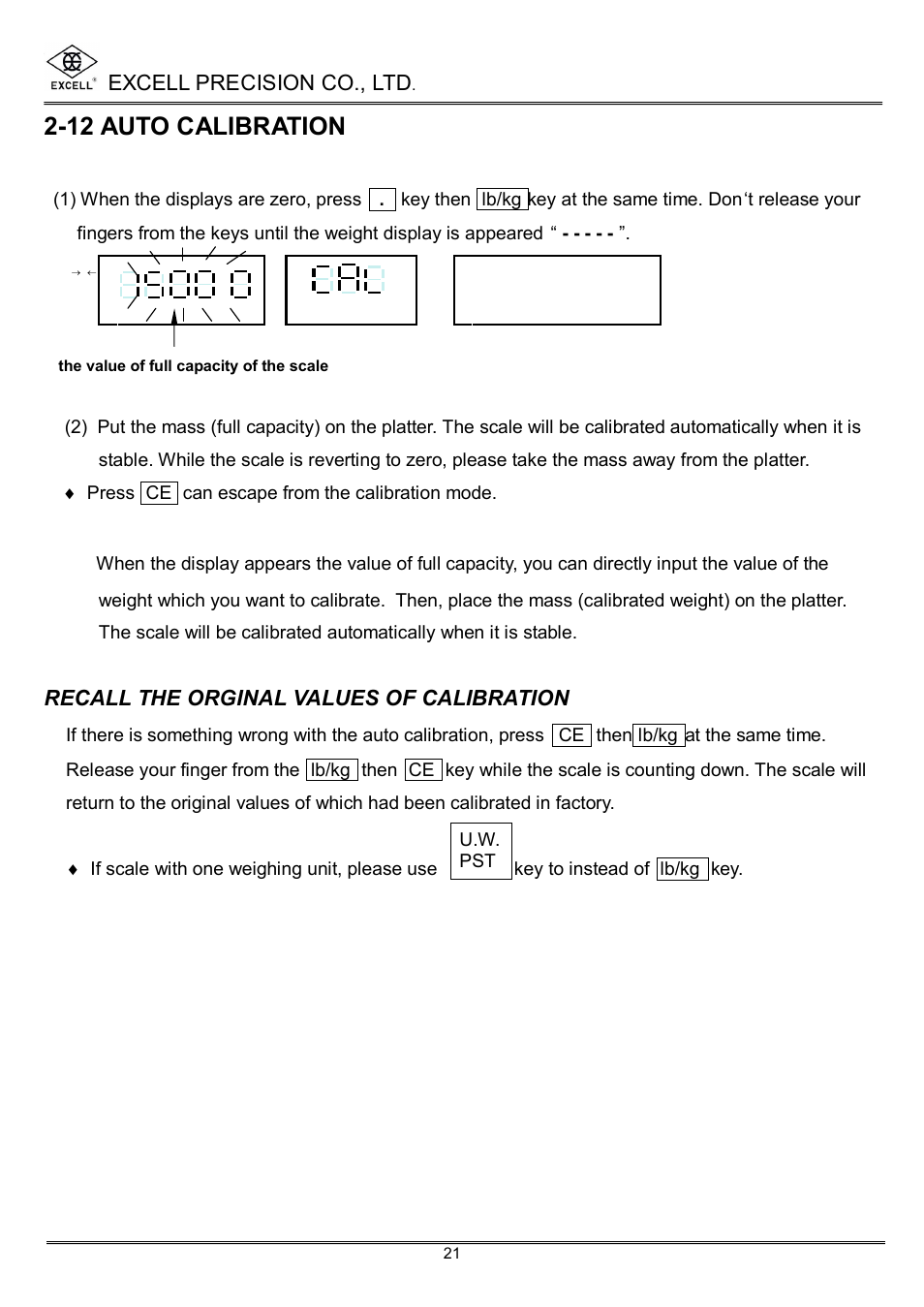 12 auto calibration, Excell precision co., ltd, Recall the orginal values of calibration | Excell Precision High Precesion Counting Scale User Manual | Page 23 / 31