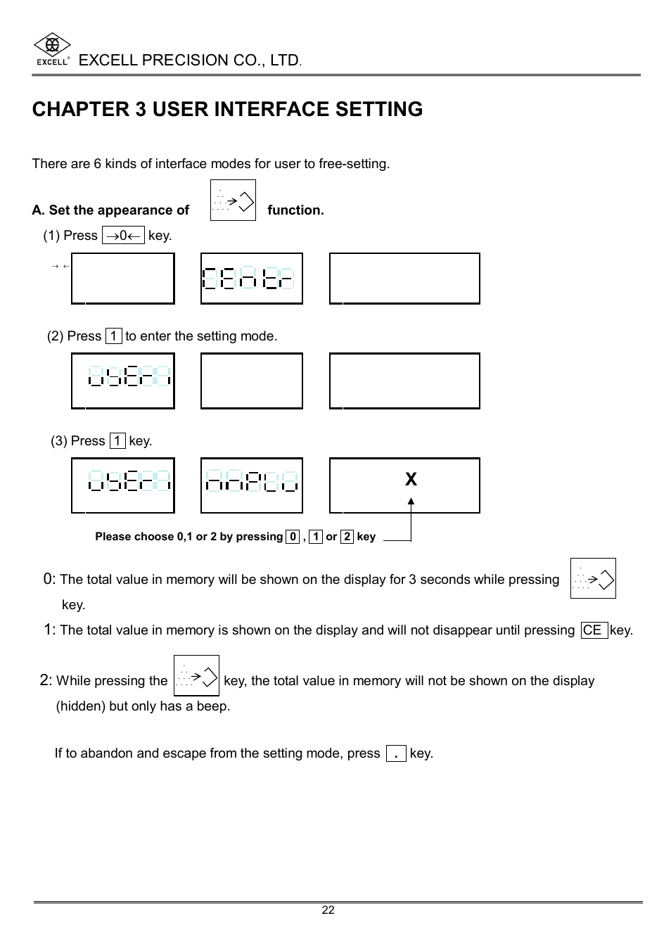 Chapter 3 user interface setting, Excell precision co., ltd, 2) press 1 to enter the setting mode | 3) press 1 key | Excell Precision High Precesion Counting Scale User Manual | Page 24 / 31