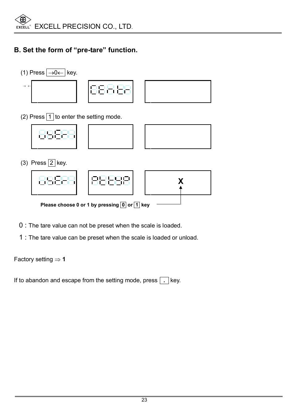 Excell precision co., ltd, B. set the form of “pre-tare” function | Excell Precision High Precesion Counting Scale User Manual | Page 25 / 31