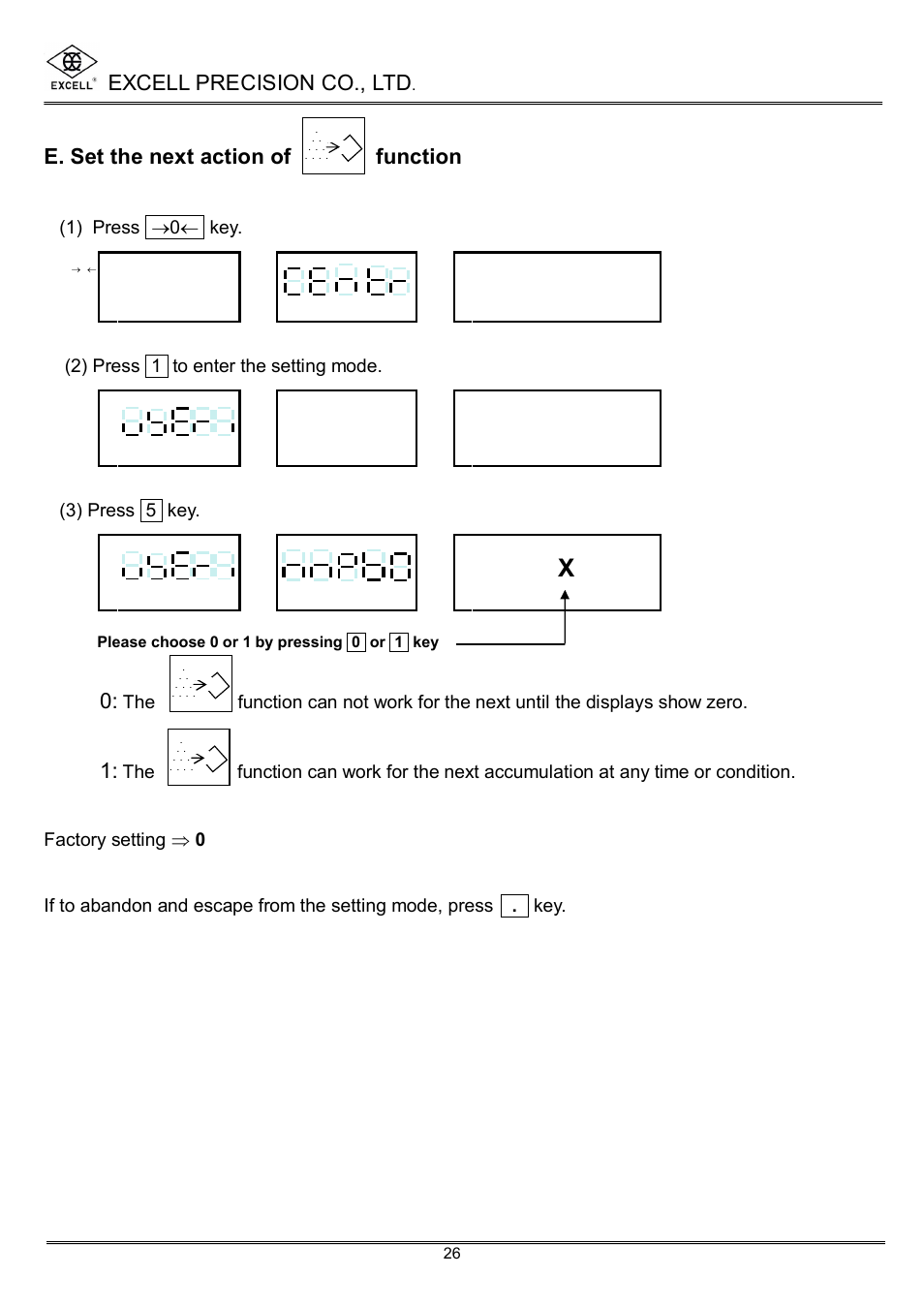 Excell precision co., ltd, E. set the next action of function, 1) press ® 0 ¬ key | 2) press 1 to enter the setting mode, 3) press 5 key | Excell Precision High Precesion Counting Scale User Manual | Page 28 / 31