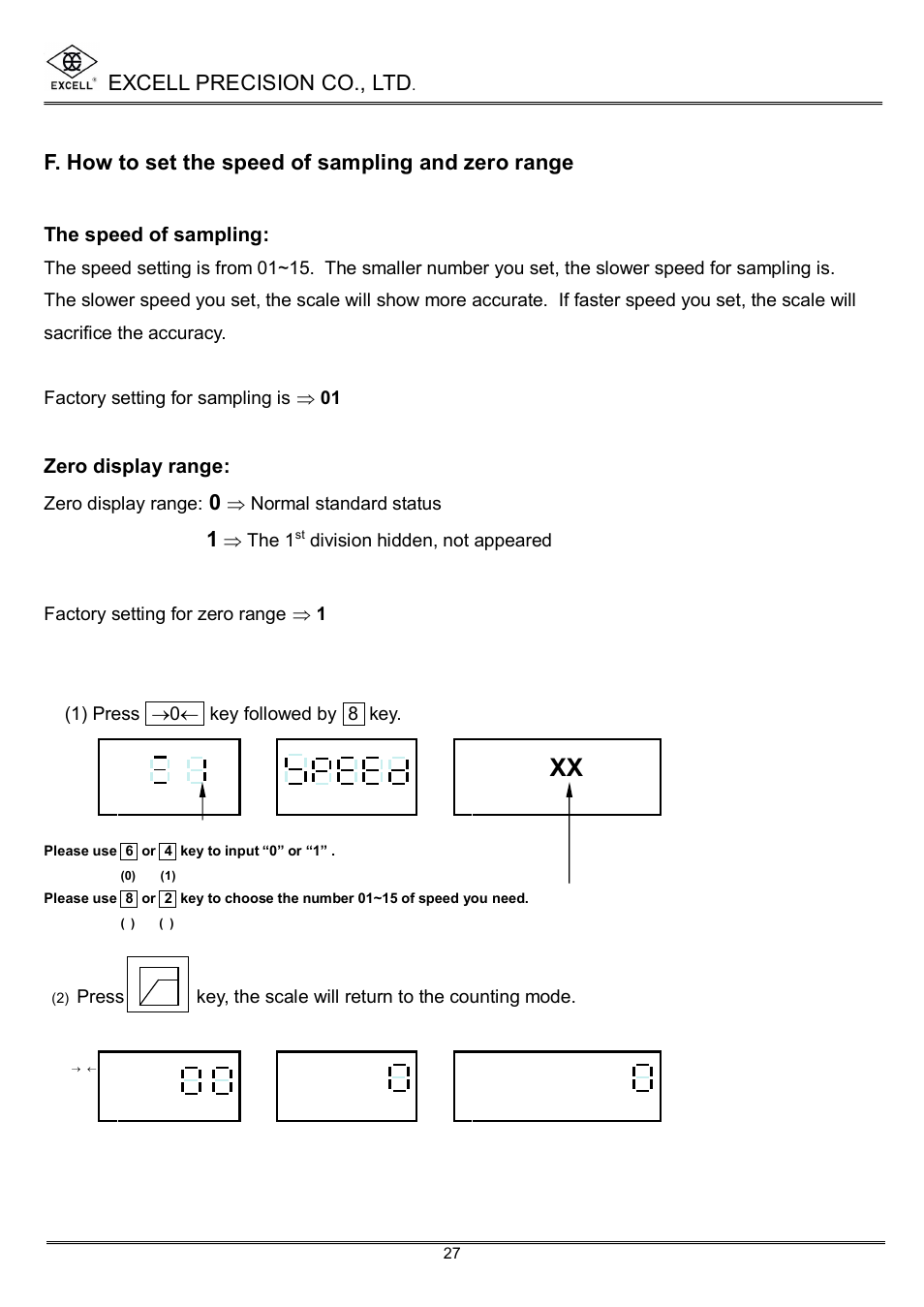 Excell precision co., ltd, F. how to set the speed of sampling and zero range | Excell Precision High Precesion Counting Scale User Manual | Page 29 / 31