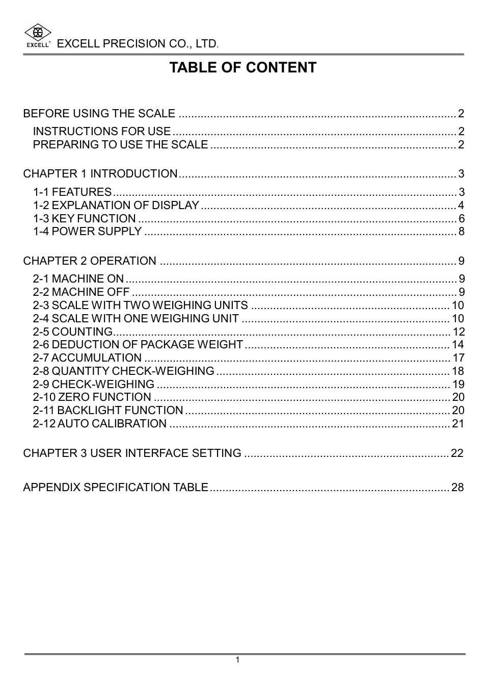 Table of content | Excell Precision High Precesion Counting Scale User Manual | Page 3 / 31