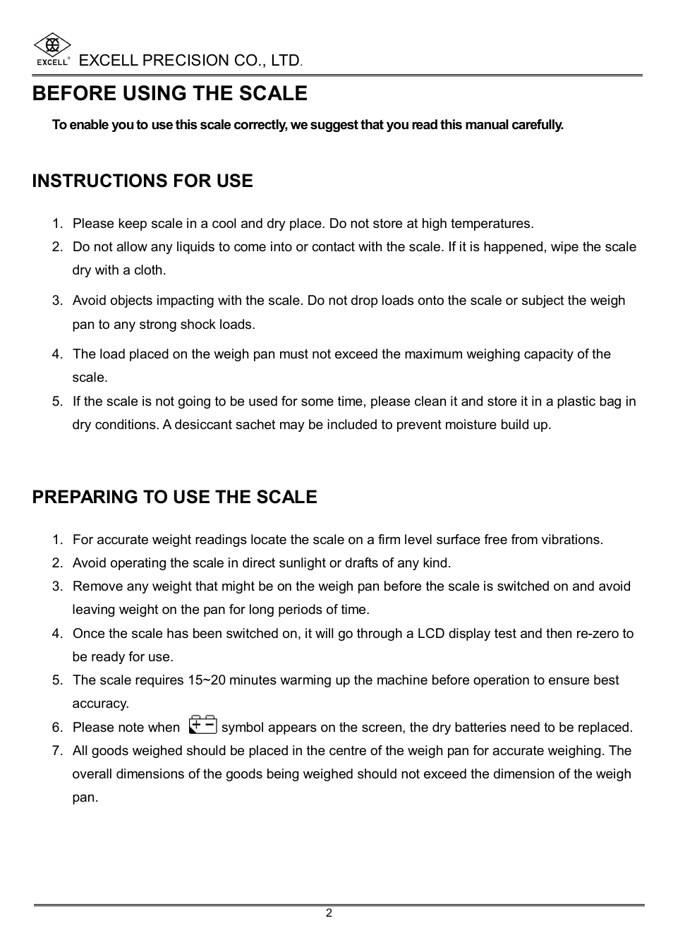 Before using the scale, Instructions for use, Preparing to use the scale | Excell Precision High Precesion Counting Scale User Manual | Page 4 / 31