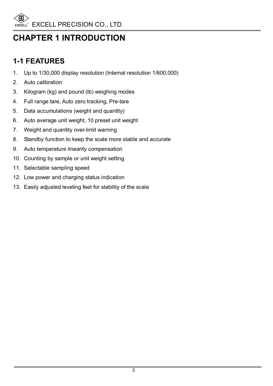 Chapter 1 introduction, 1 features | Excell Precision High Precesion Counting Scale User Manual | Page 5 / 31
