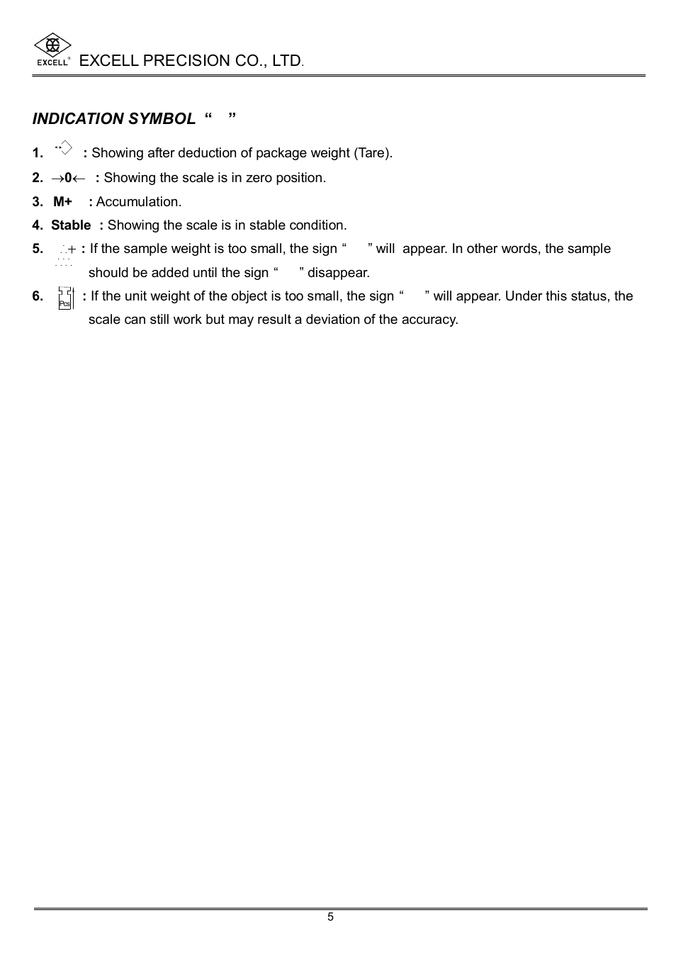 Excell precision co., ltd, Indication symbol “3, Showing the scale is in zero position. 3 | Excell Precision High Precesion Counting Scale User Manual | Page 7 / 31