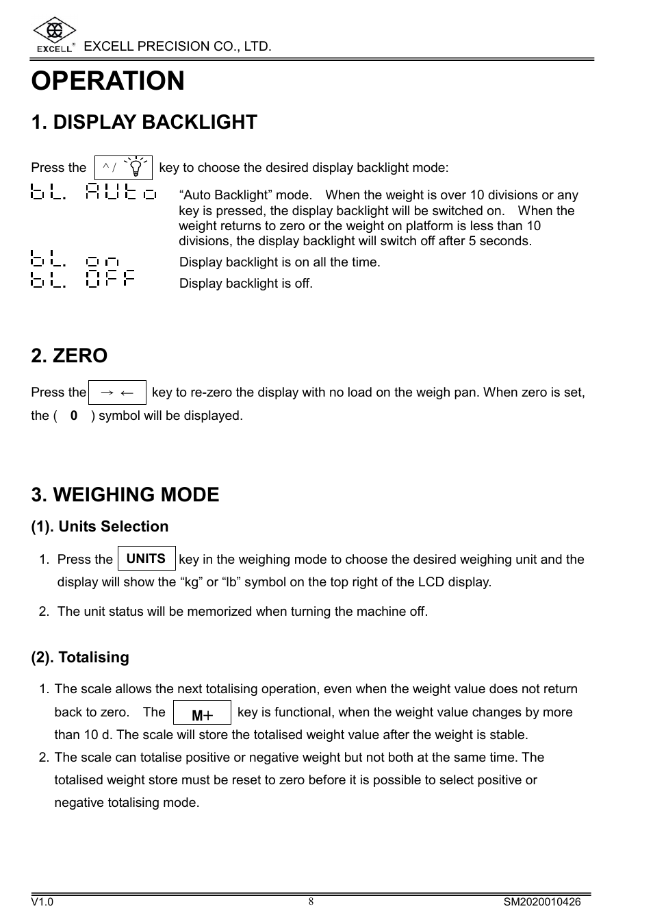 Operation, Display backlight, Zero | Weighing mode | Excell Precision DIGITAL HIGH PRECISION WEIGHING SCALES User Manual | Page 10 / 26