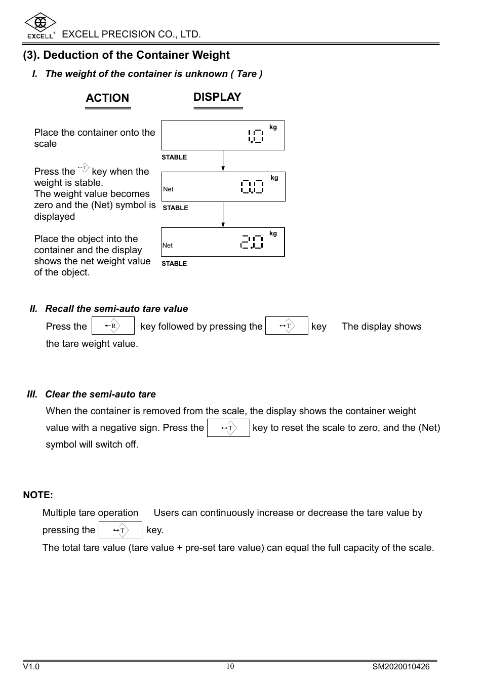 3). deduction of the container weight, Action display | Excell Precision DIGITAL HIGH PRECISION WEIGHING SCALES User Manual | Page 12 / 26