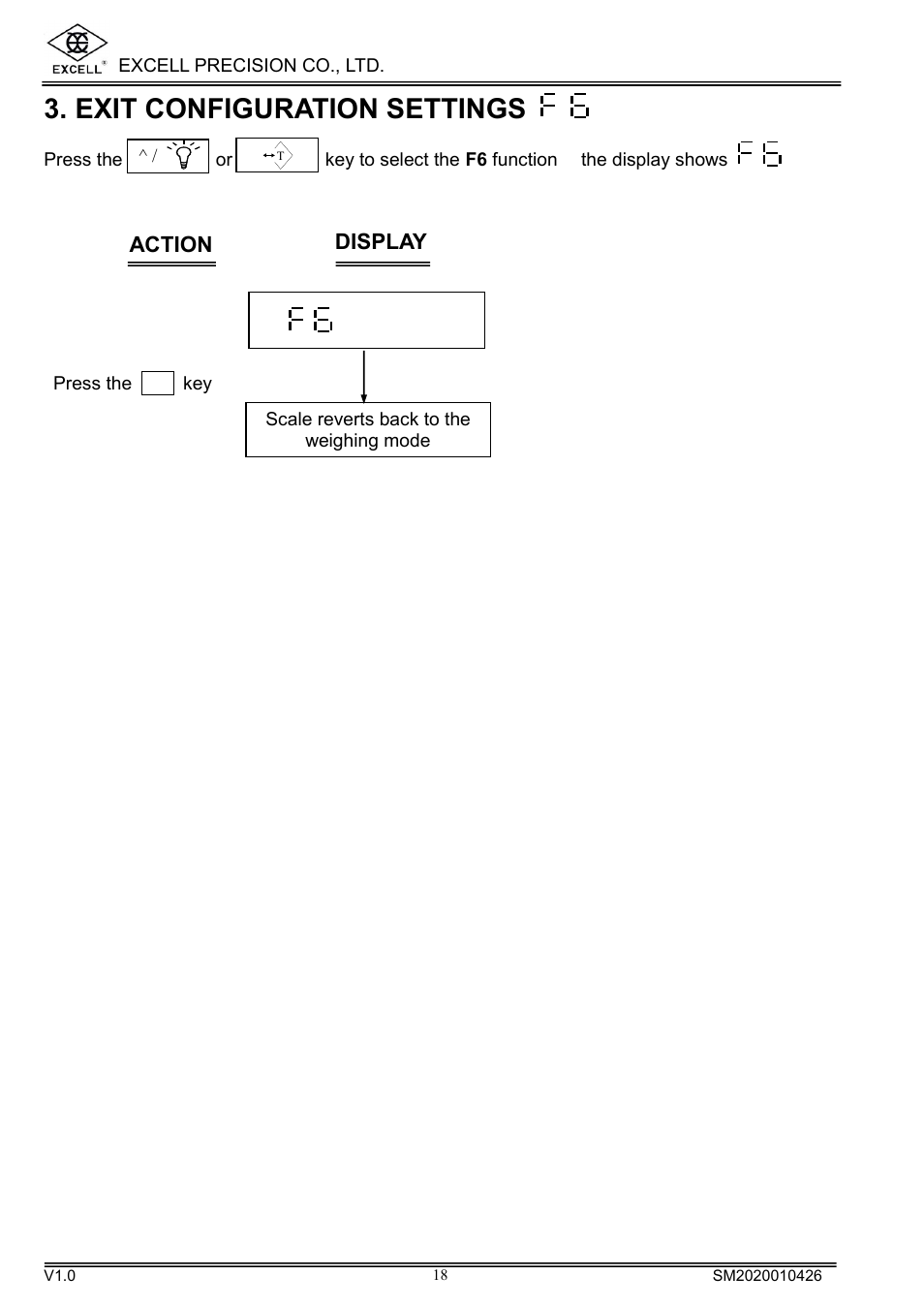 Exit configuration settings, Action display | Excell Precision DIGITAL HIGH PRECISION WEIGHING SCALES User Manual | Page 20 / 26