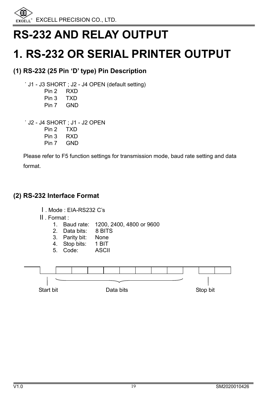 Rs-232 and relay output, Rs-232 or serial printer output | Excell Precision DIGITAL HIGH PRECISION WEIGHING SCALES User Manual | Page 21 / 26