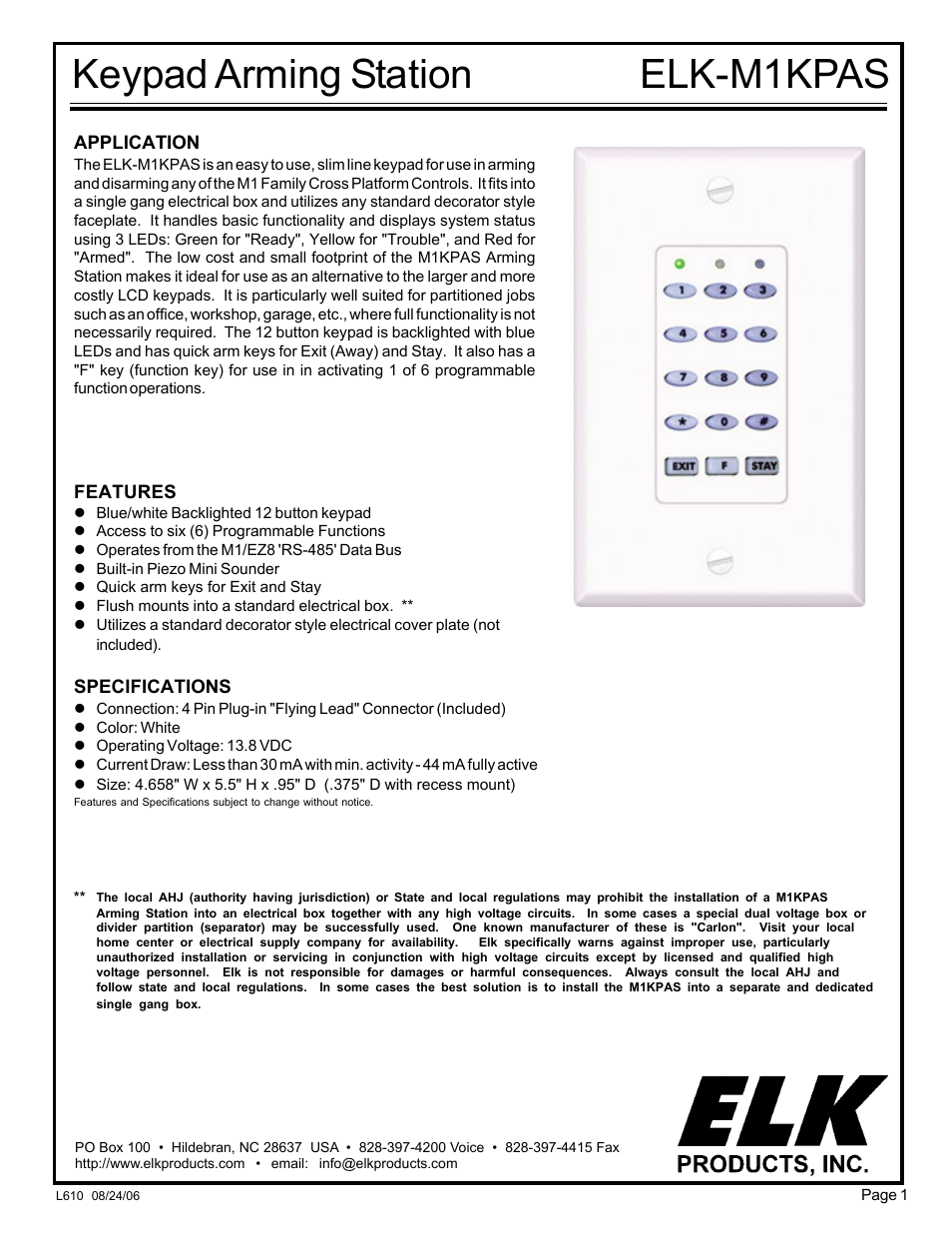 Elk Keypad Arming Station -M1KPAS User Manual | 6 pages