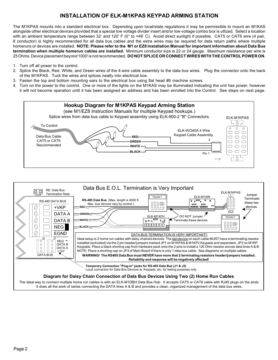 Installation of elk-m1kpas keypad arming station, Data bus e.o.l. termination is very important, Hookup diagram for m1kpas keypad arming station | Elk Keypad Arming Station -M1KPAS User Manual | Page 2 / 6