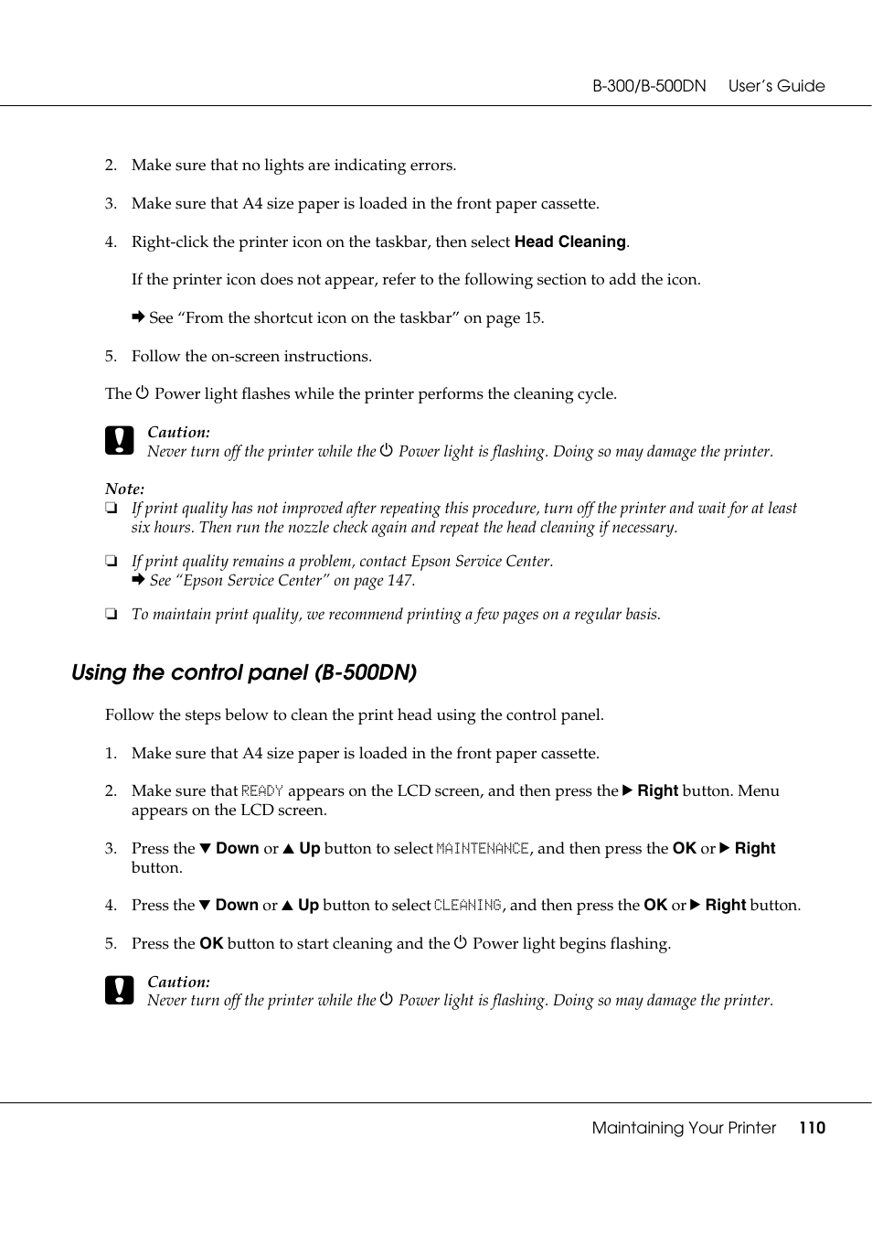 Using the control panel (b-500dn) | Epson B 500DN User Manual | Page 110 / 168