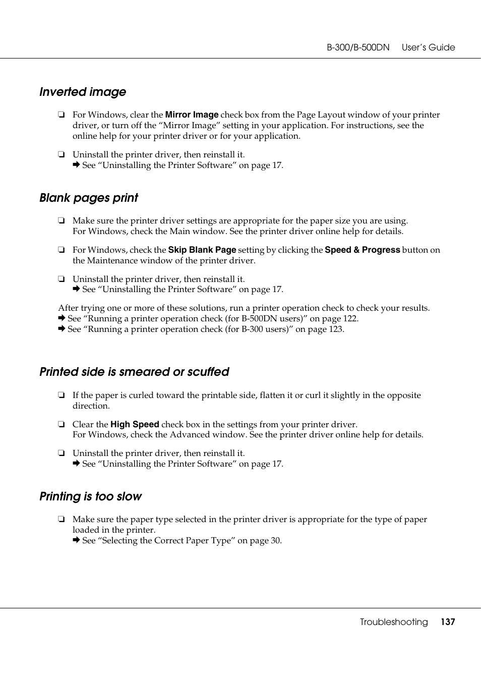 Inverted image, Printed side is smeared or scuffed, Printing is too slow | Blank pages print | Epson B 500DN User Manual | Page 137 / 168