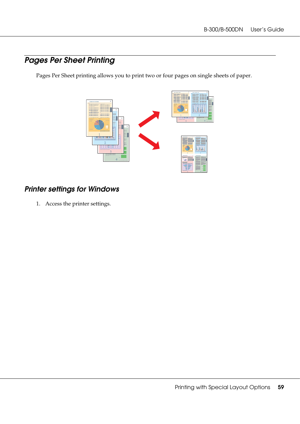 Printer settings for windows, Pages per sheet printing, Access the printer settings | Epson B 500DN User Manual | Page 59 / 168