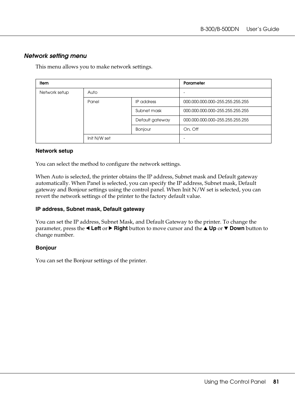 Network setting menu | Epson B 500DN User Manual | Page 81 / 168