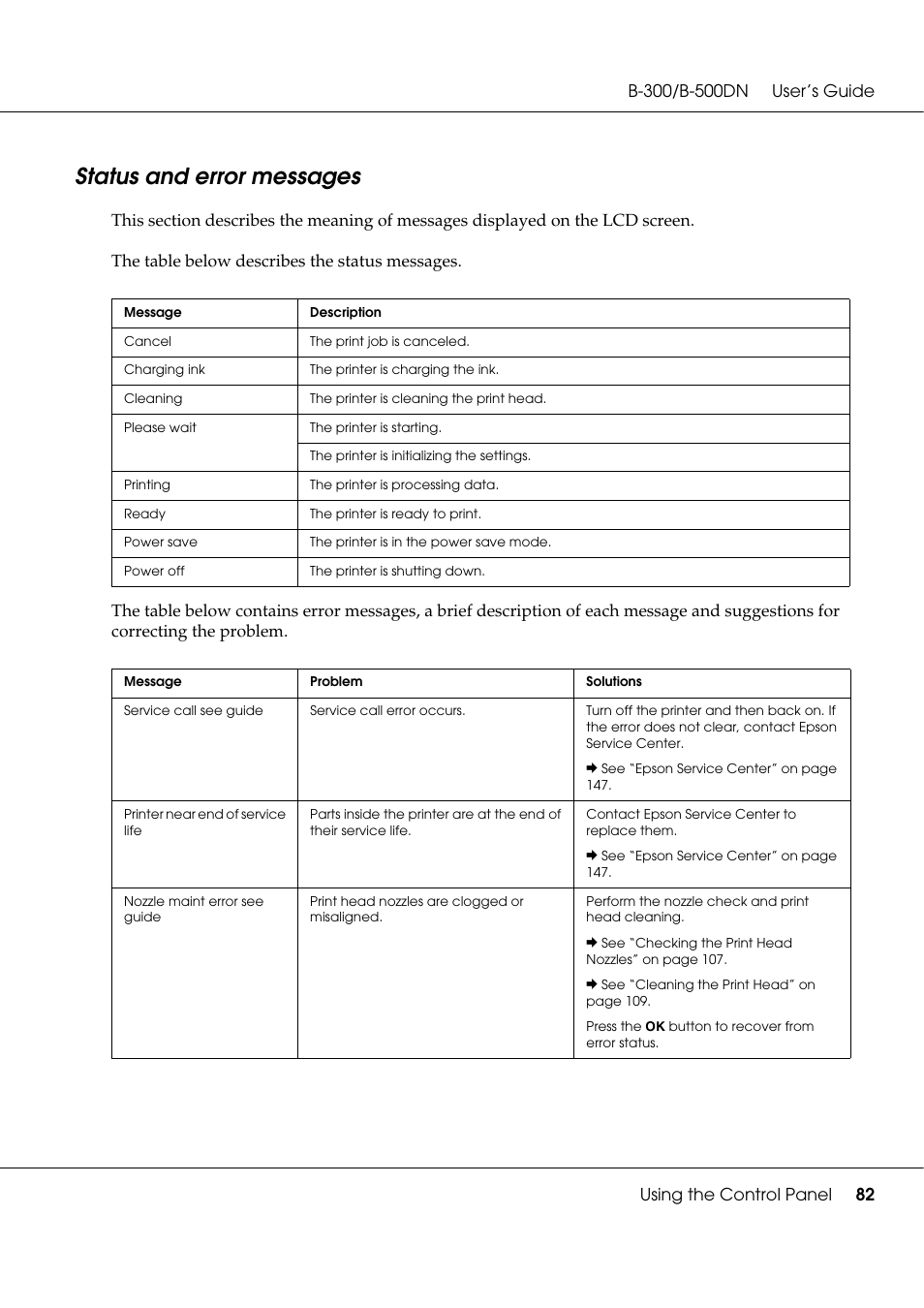 Status and error messages | Epson B 500DN User Manual | Page 82 / 168