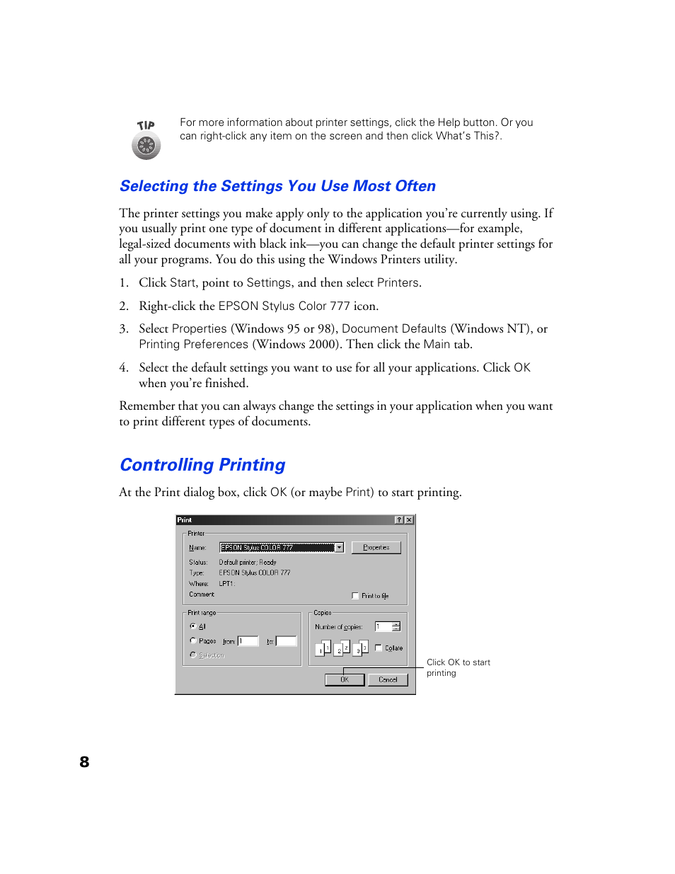 Controlling printing, Controlling, Printing 8 | Epson 777 User Manual | Page 12 / 53