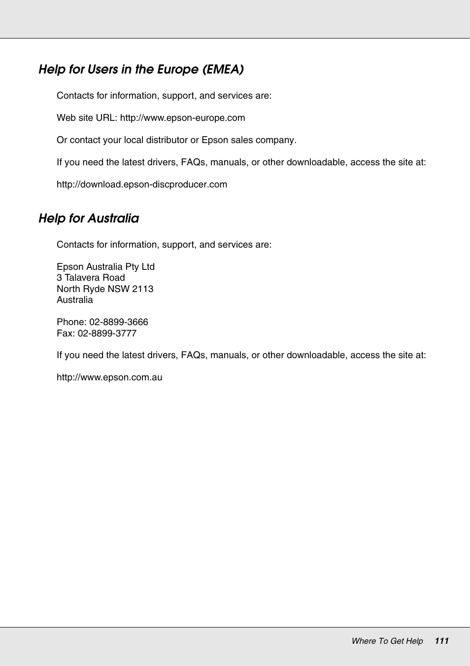 Help for users in the europe (emea), Help for australia | Epson 4113114-06 User Manual | Page 111 / 124