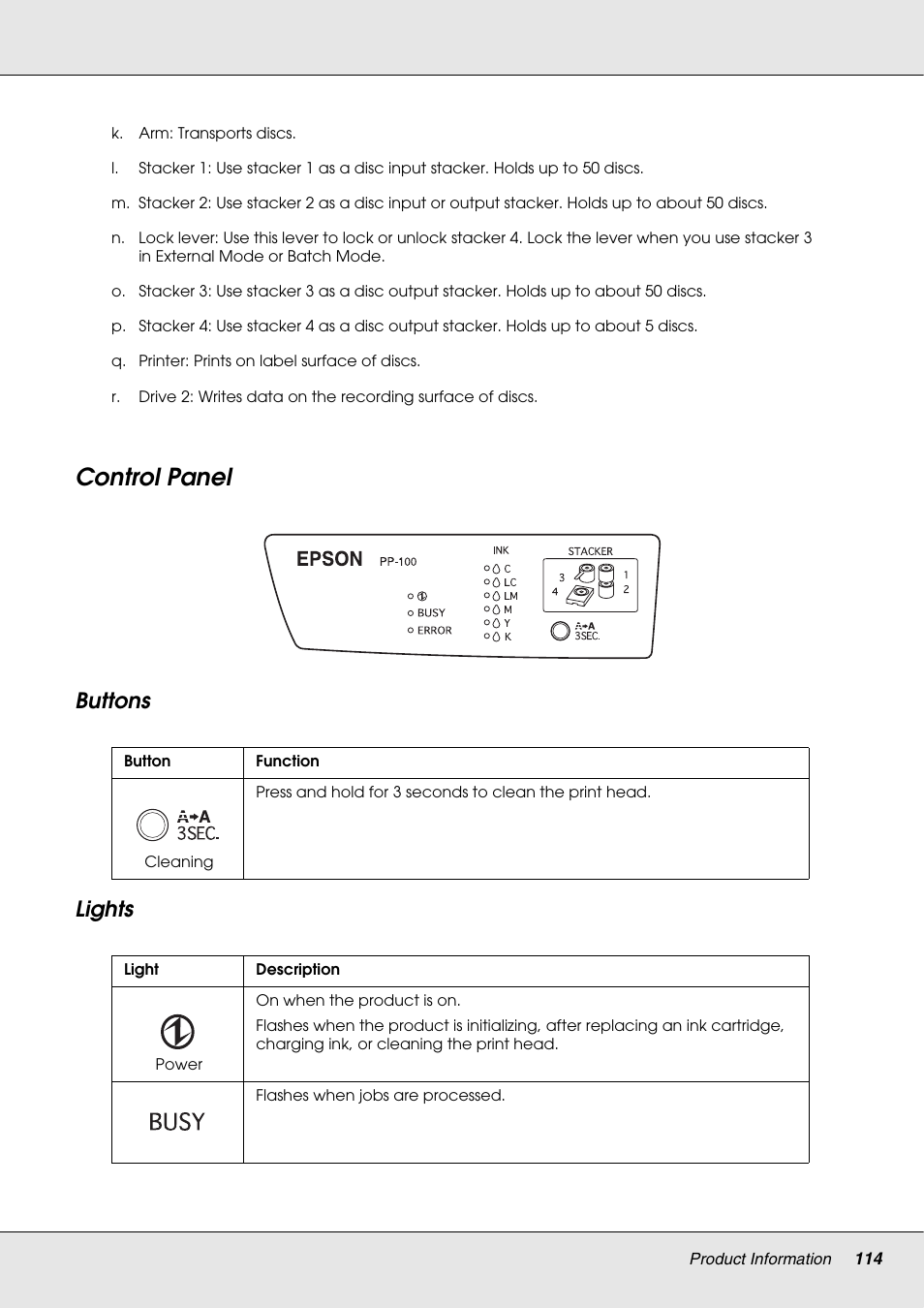 Control panel, Buttons lights | Epson 4113114-06 User Manual | Page 114 / 124