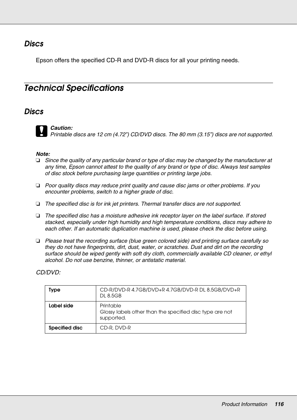 Discs, Technical specifications | Epson 4113114-06 User Manual | Page 116 / 124