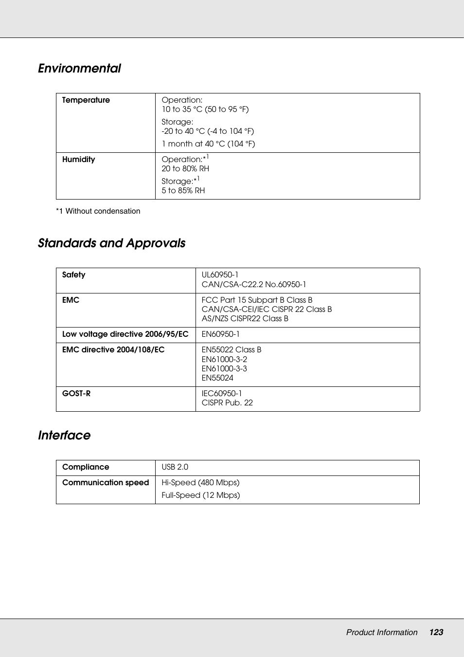 Environmental, Standards and approvals, Interface | Environmental standards and approvals interface, Standards and approvals interface | Epson 4113114-06 User Manual | Page 123 / 124