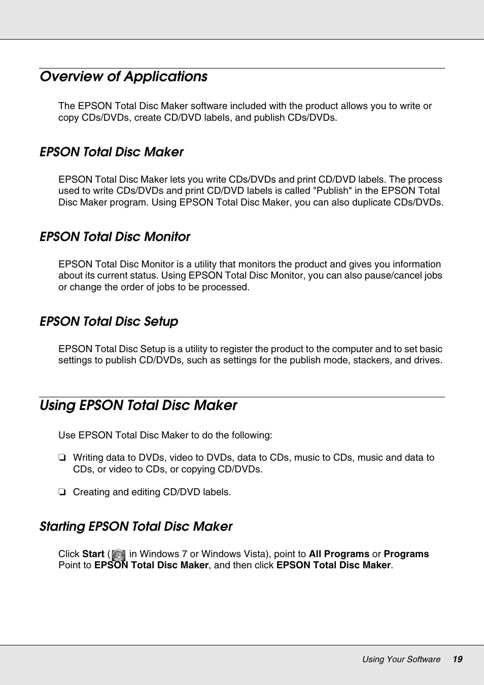 Overview of applications, Epson total disc maker, Epson total disc monitor | Epson total disc setup, Using epson total disc maker, Starting epson total disc maker | Epson 4113114-06 User Manual | Page 19 / 124
