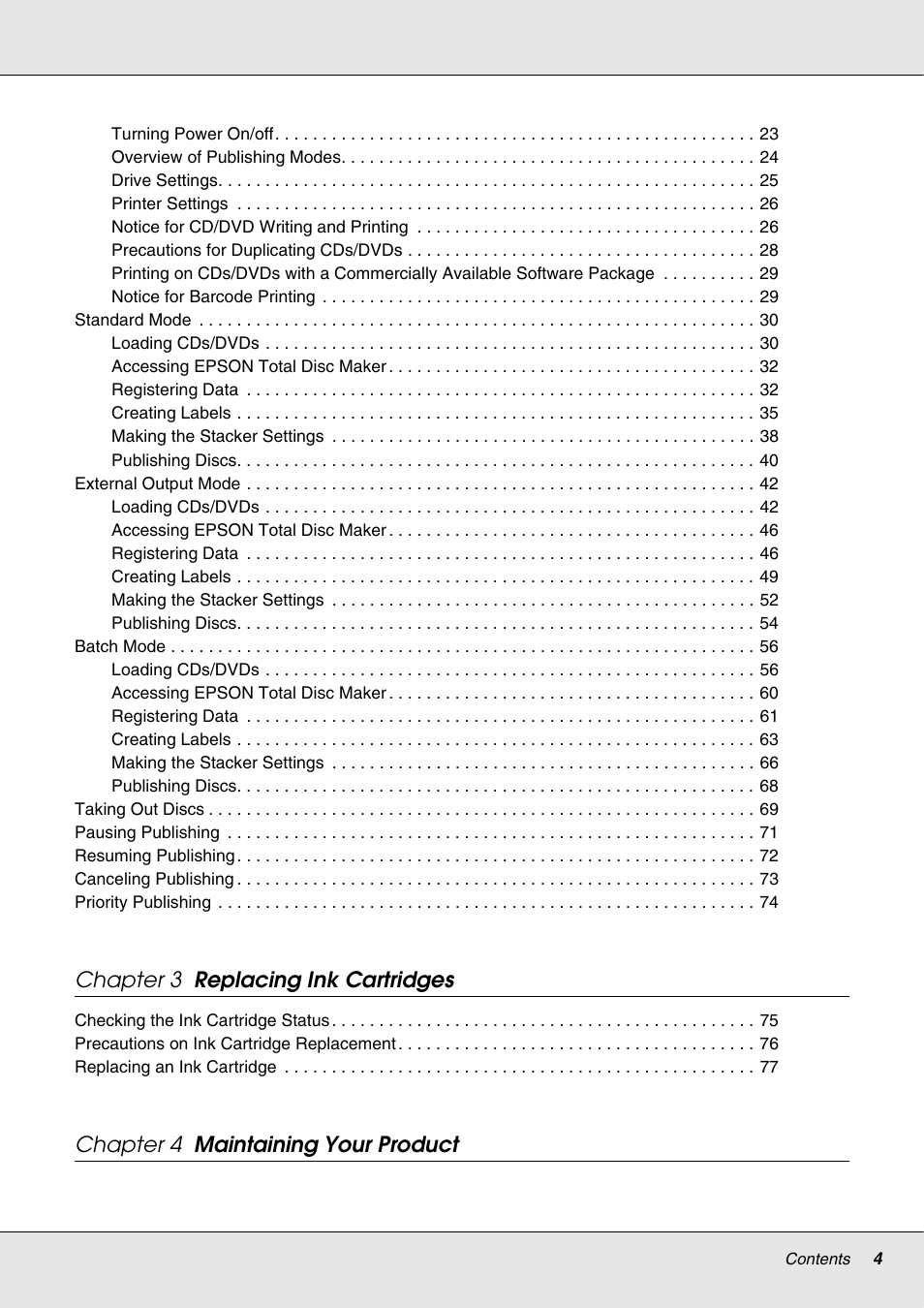 Chapter 3 replacing ink cartridges, Chapter 4 maintaining your product | Epson 4113114-06 User Manual | Page 4 / 124