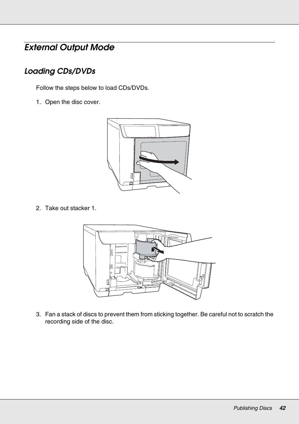 External output mode, Loading cds/dvds | Epson 4113114-06 User Manual | Page 42 / 124