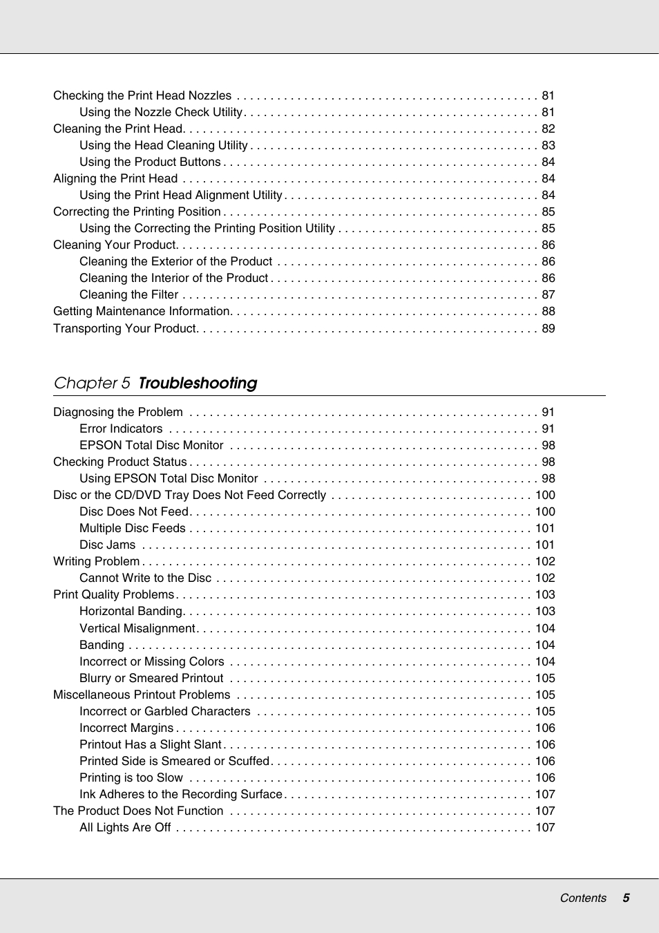 Chapter 5 troubleshooting | Epson 4113114-06 User Manual | Page 5 / 124