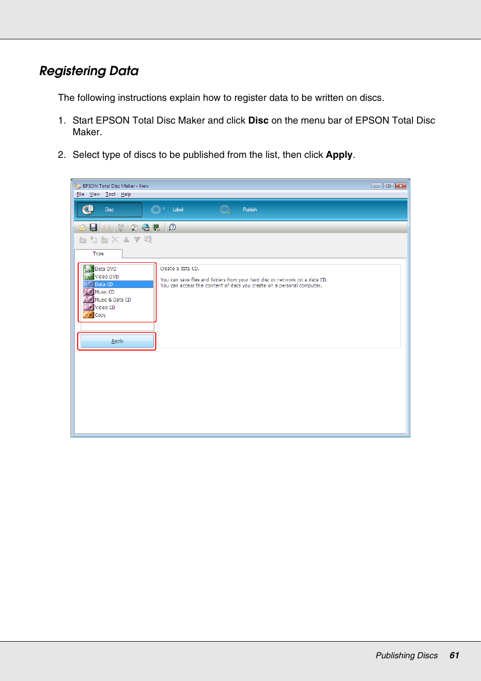 Registering data | Epson 4113114-06 User Manual | Page 61 / 124