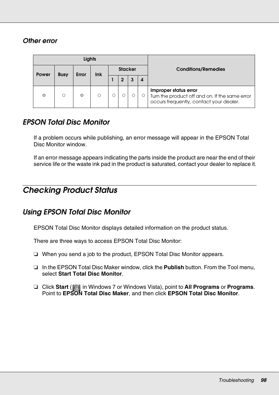 Epson total disc monitor, Checking product status, Using epson total disc monitor | Other error | Epson 4113114-06 User Manual | Page 98 / 124