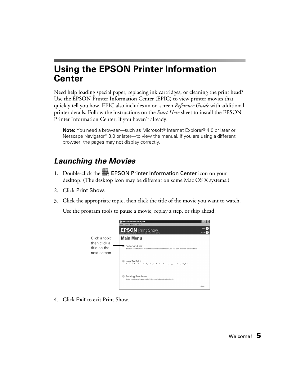 Using the epson printer information center, Launching the movies | Epson B163A User Manual | Page 10 / 81