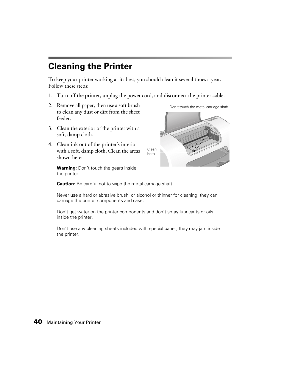 Cleaning the printer | Epson B163A User Manual | Page 45 / 81