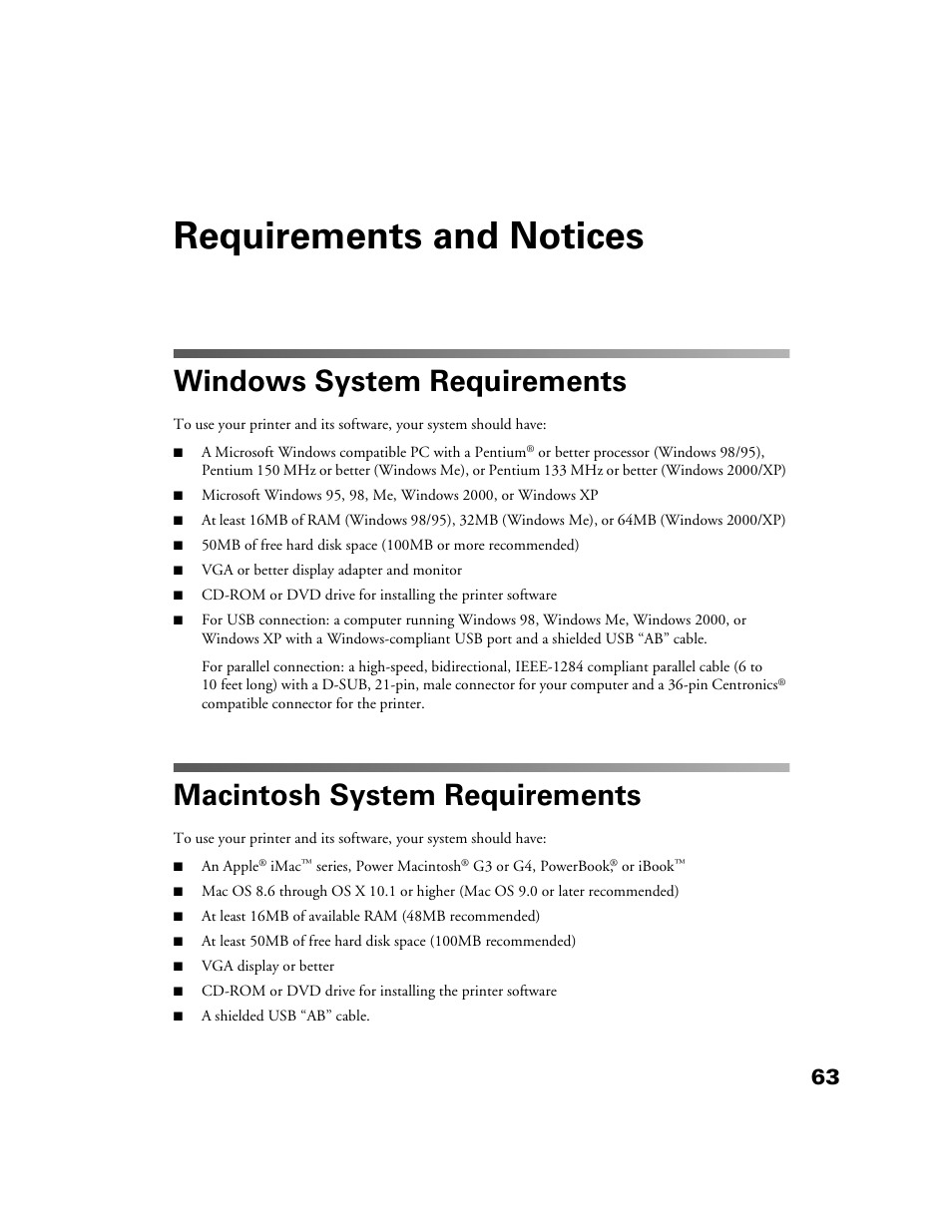 Requirements and notices, Windows system requirements, Macintosh system requirements | Epson B163A User Manual | Page 68 / 81