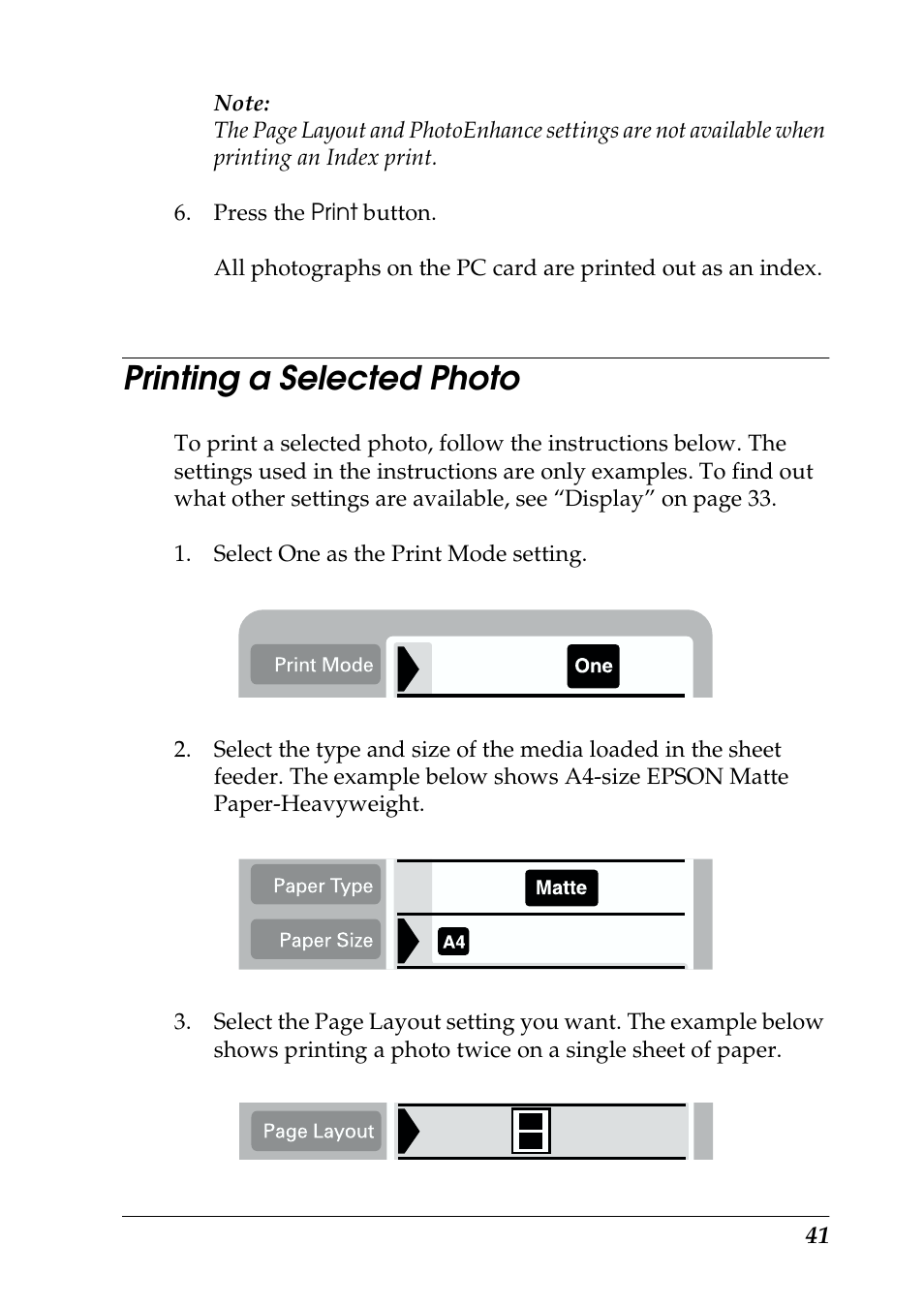 Printing a selected photo | Epson 925 User Manual | Page 47 / 112