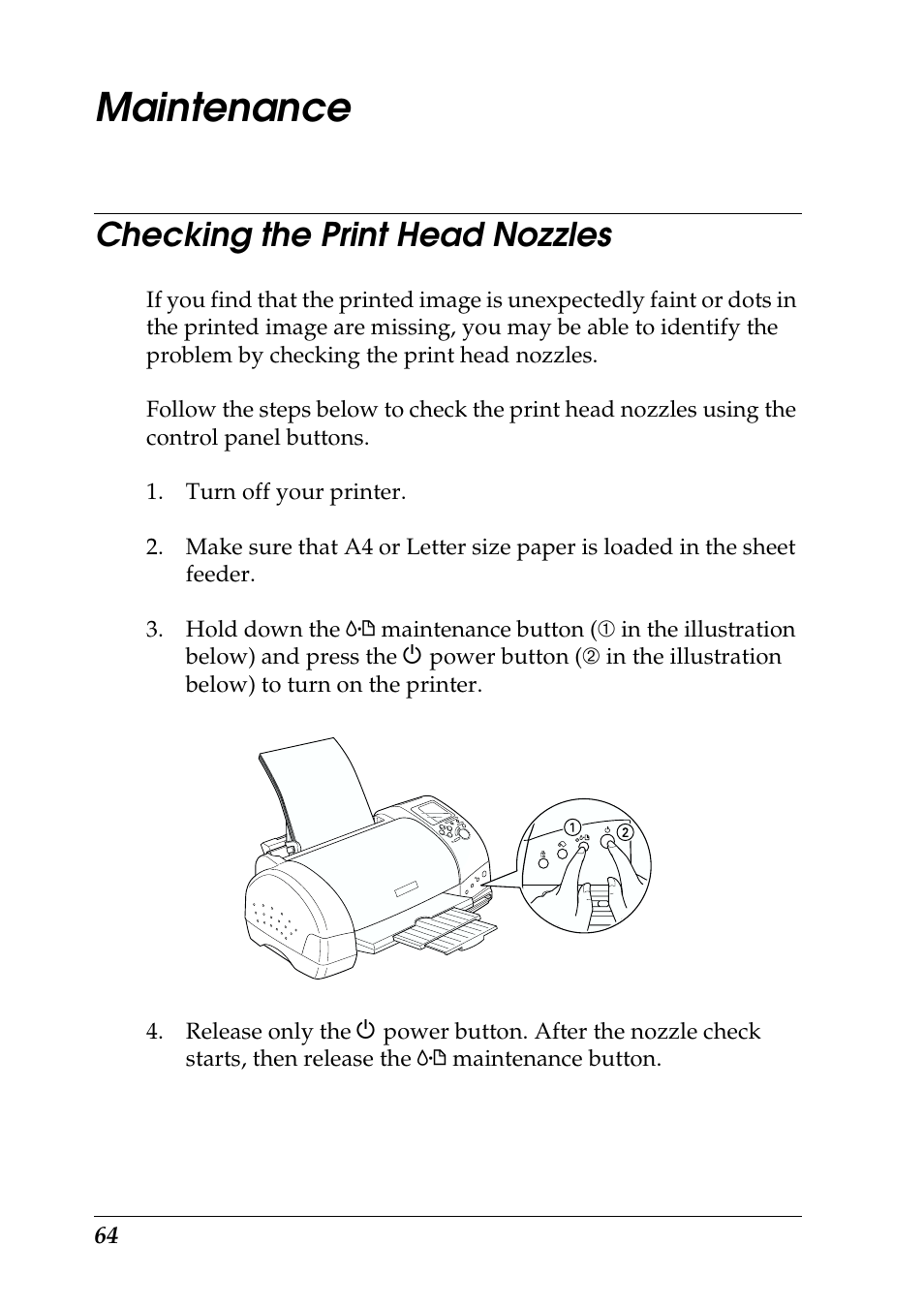 Maintenance, Checking the print head nozzles | Epson 925 User Manual | Page 70 / 112