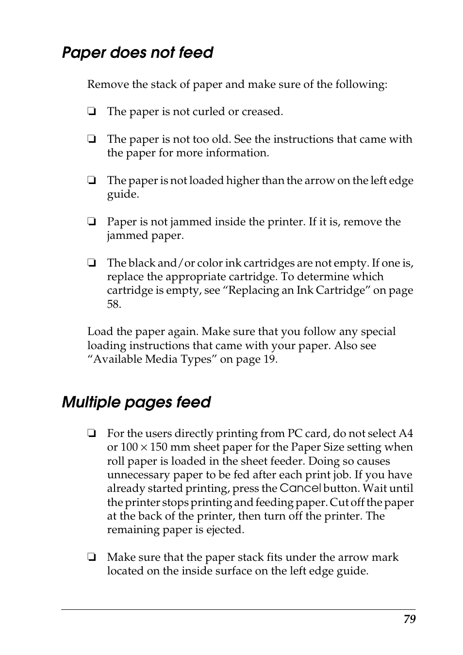 Paper does not feed, Multiple pages feed | Epson 925 User Manual | Page 85 / 112